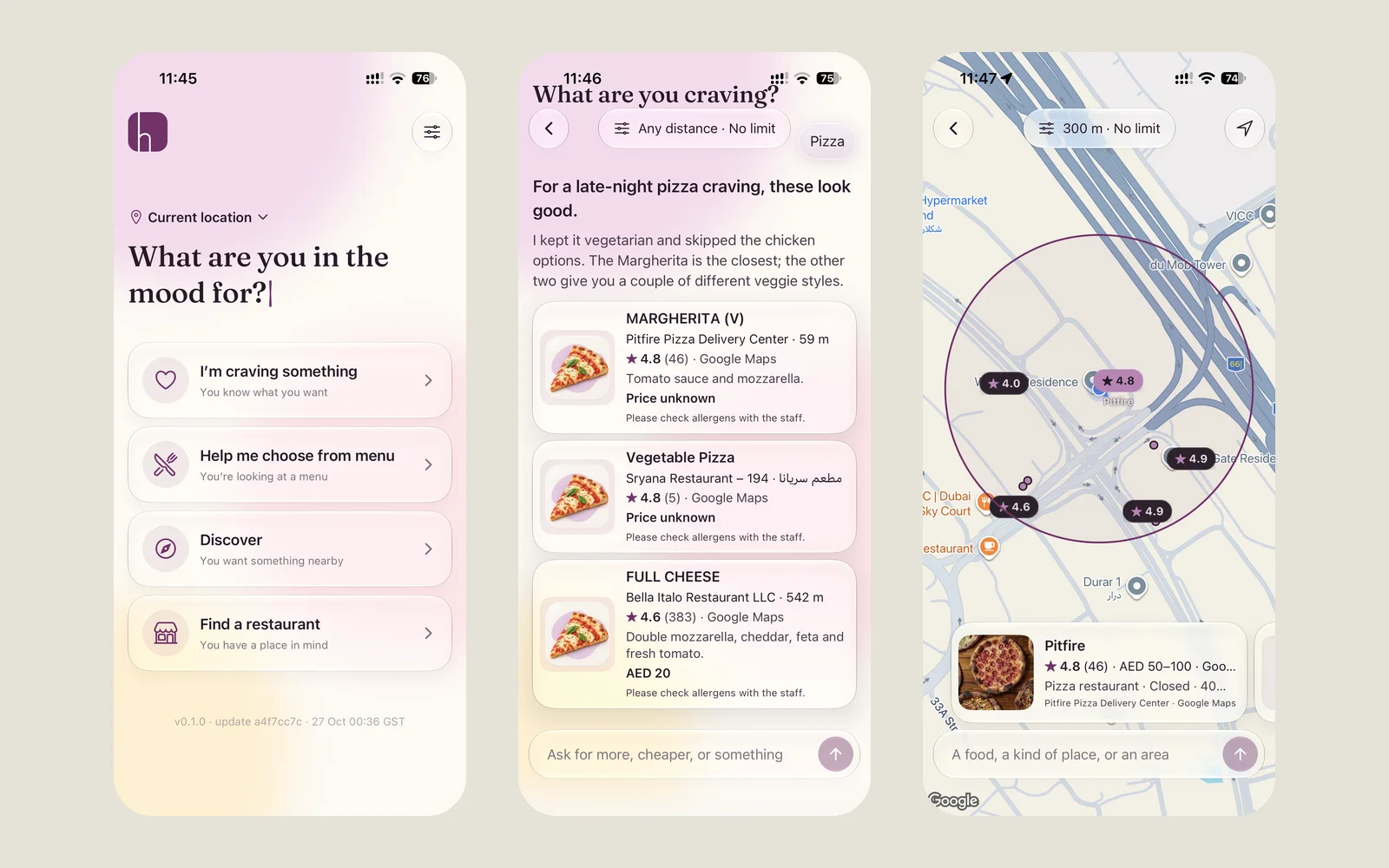Hanee: Three screens from the Hanee iPhone app: home, results and map