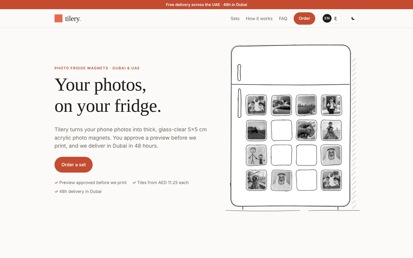 Tilery: Tilery home page with a hand-drawn fridge covered in photo tiles