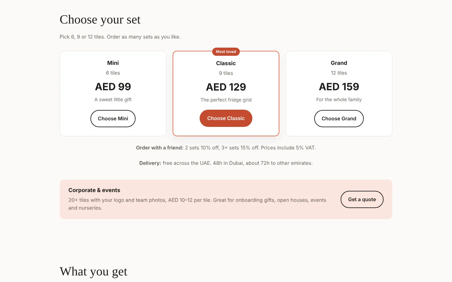 The three Tilery sets with prices in AED
